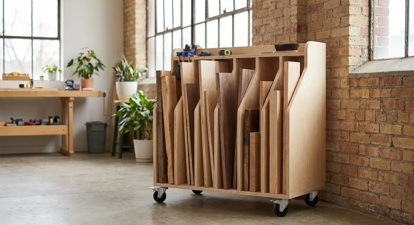 A mobile scrap wood cart with vertical dividers holding various lengths of plywood and hardwood off-cuts.