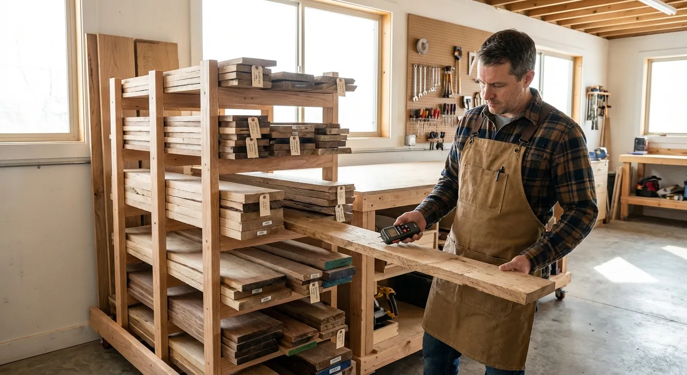 A woodworker standing next to a neatly organized lumber rack, holding a moisture meter to a board to check its readiness for a project.