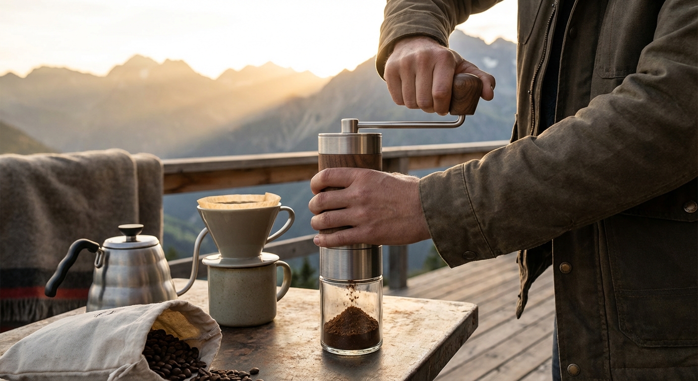 A person grinding coffee beans manually overlooking a mountain sunrise