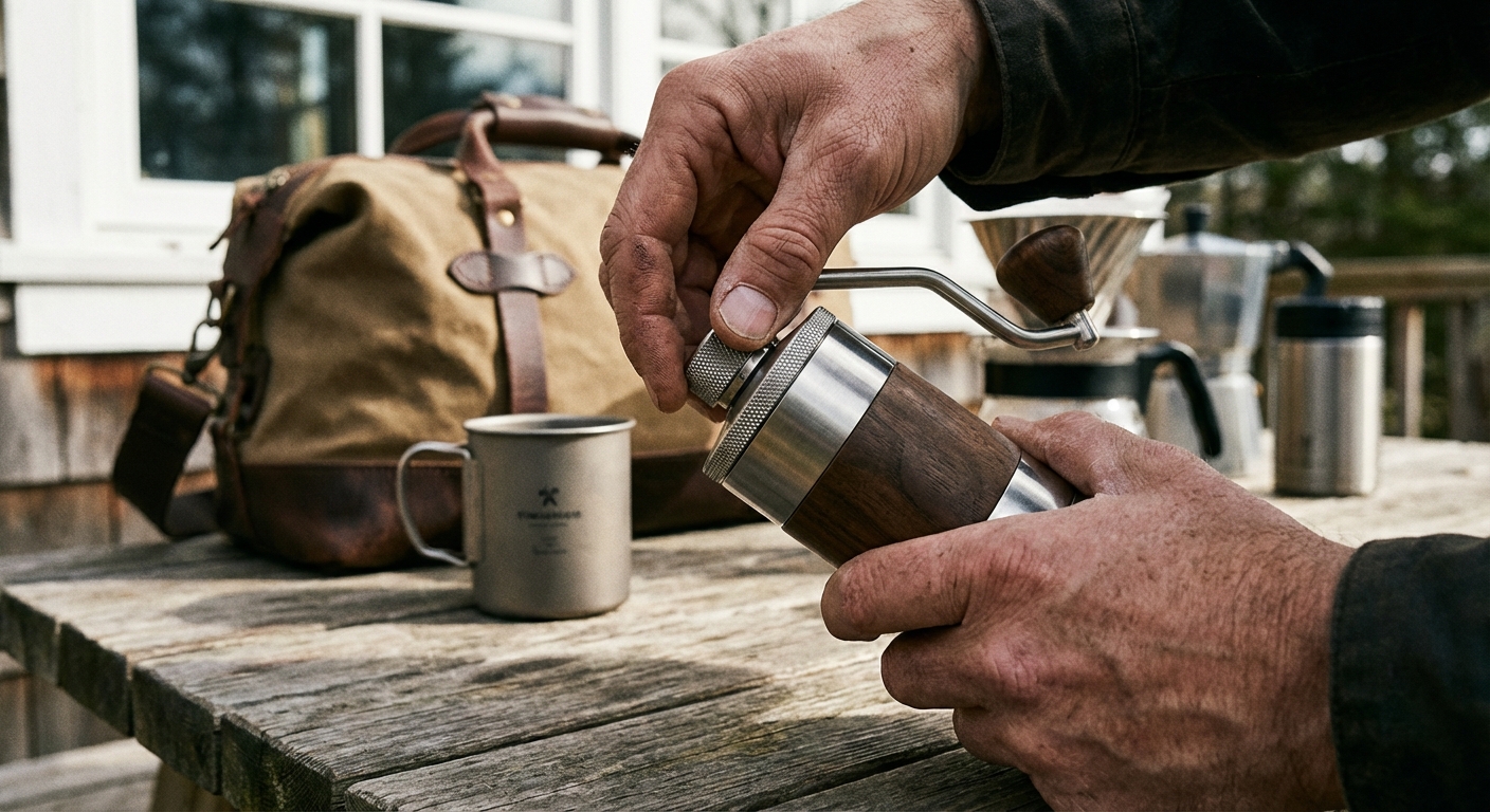 A close-up of a hand adjusting the grind setting dial on a metal grinder