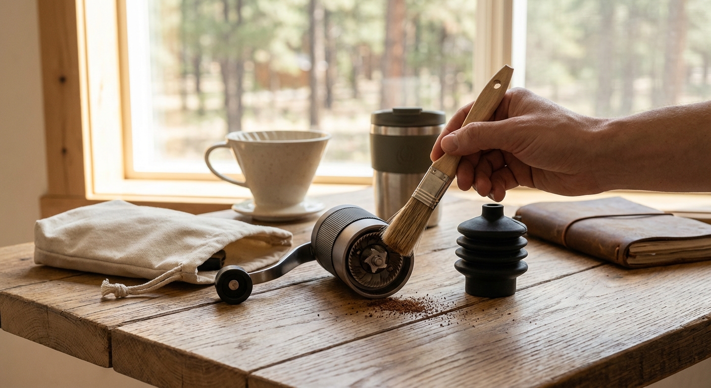 A cleaning kit with a brush and bellows next to a disassembled coffee grinder on a wooden table