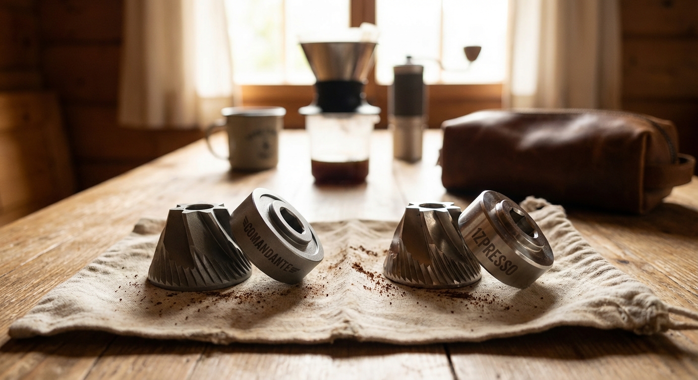 Close up of Comandante burrs and 1Zpresso burrs side by side