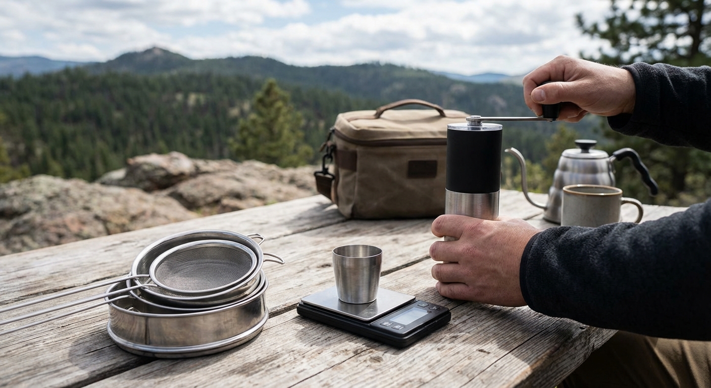 Testing grinders outdoors with a scale and sieves