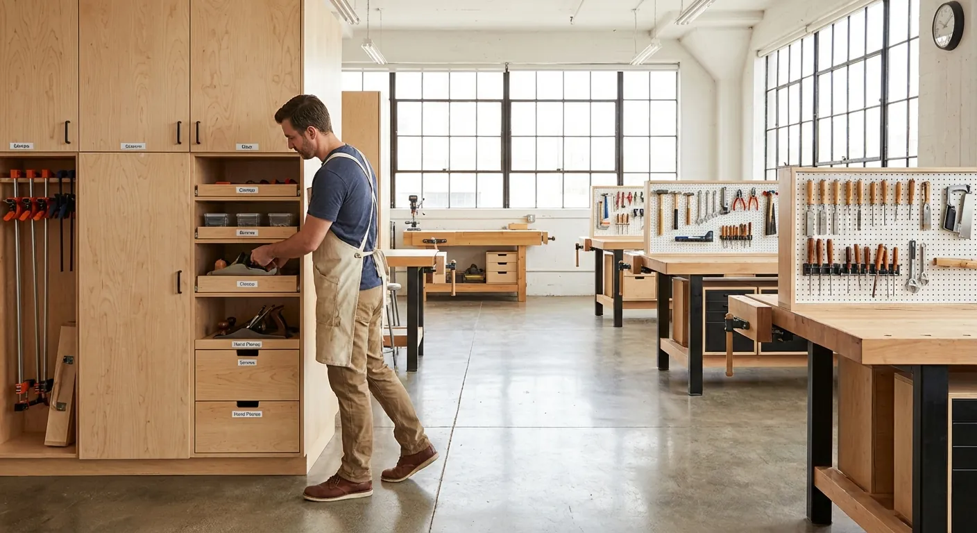 A clean, well-organized woodworking shop with clear walking paths and labeled storage.