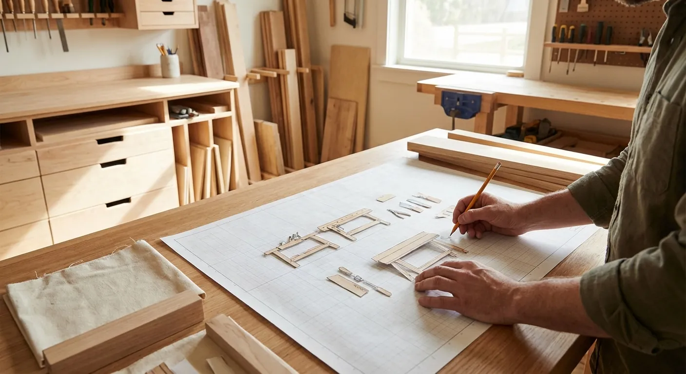 A person using a paper grid and scale cutouts of tools to plan a workshop layout on a desk.