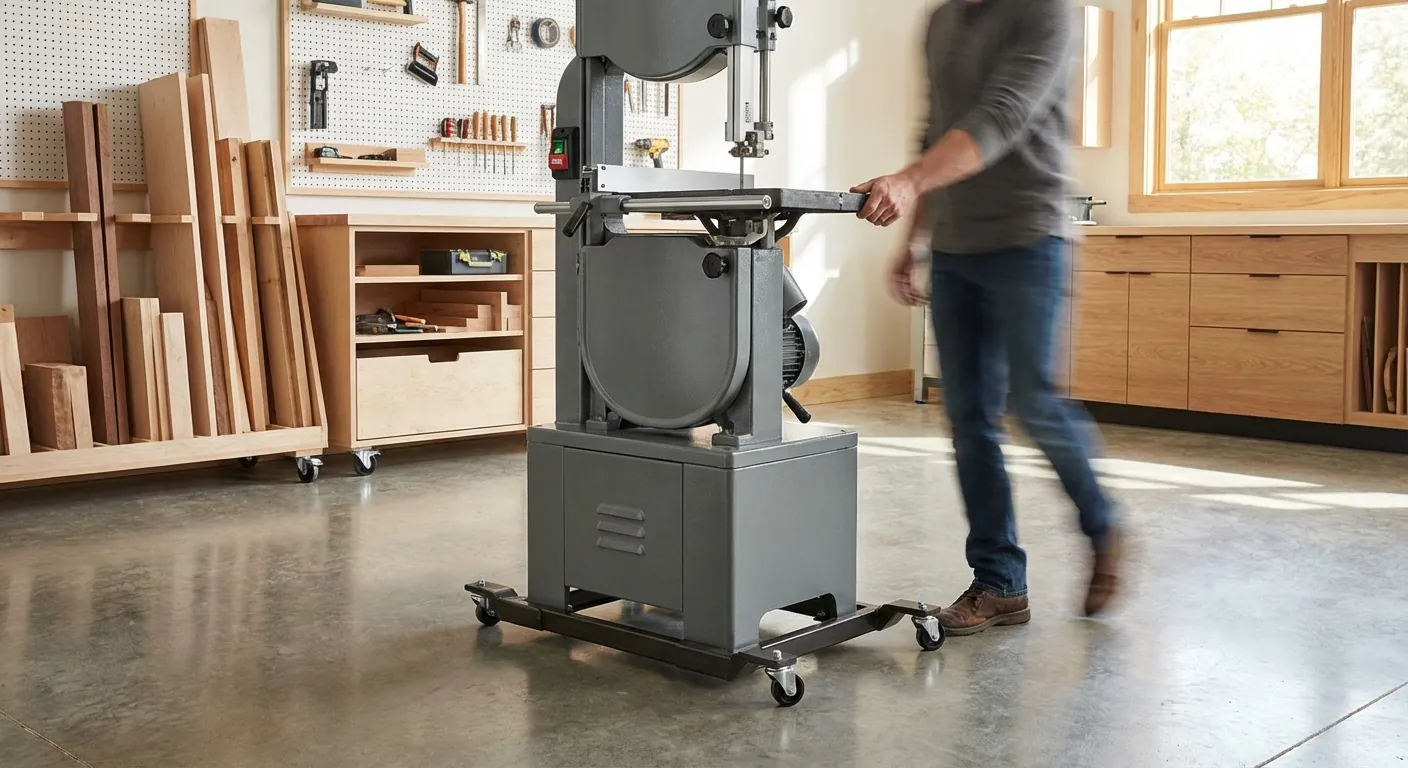 A heavy woodworking machine being easily moved on a mobile base.