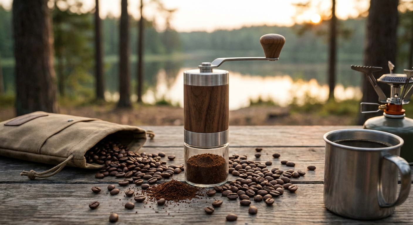 A close-up of coffee beans next to a compact manual hand grinder on a wooden camping table.