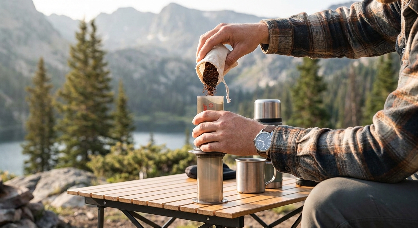 A person pouring pre-measured coffee grounds from a small pouch into an AeroPress in a scenic outdoor setting.