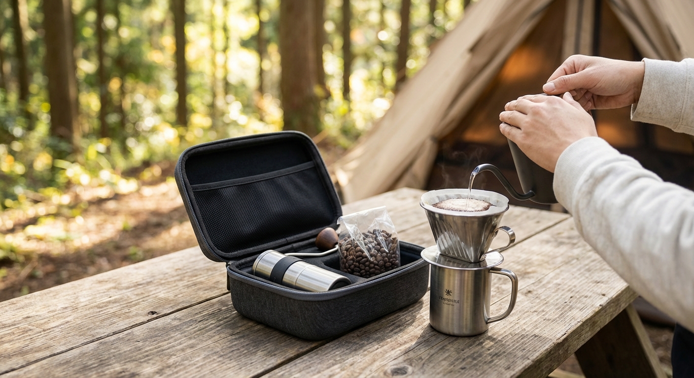 A compact coffee kit organized inside a small padded travel case, showing a grinder, beans, and a brewer.