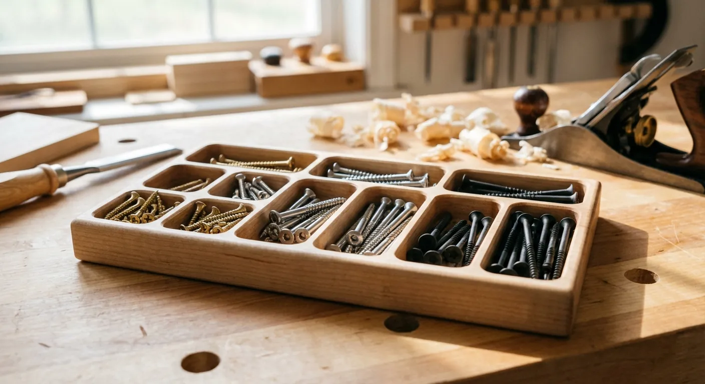 A close-up shot of neatly sorted screws in a divided tray, showing different lengths and head types.