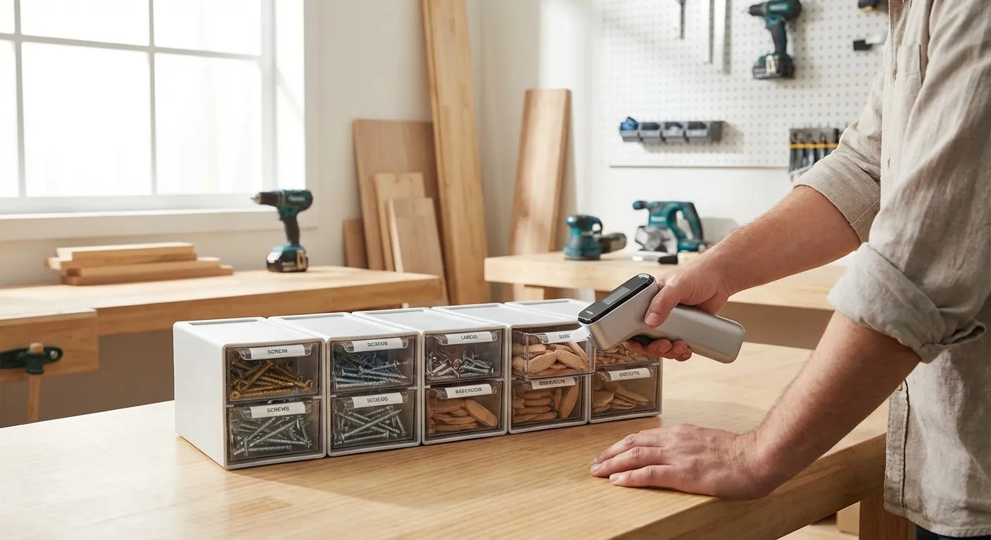 A person using a label maker to organize a series of small plastic drawers in a woodworking shop.