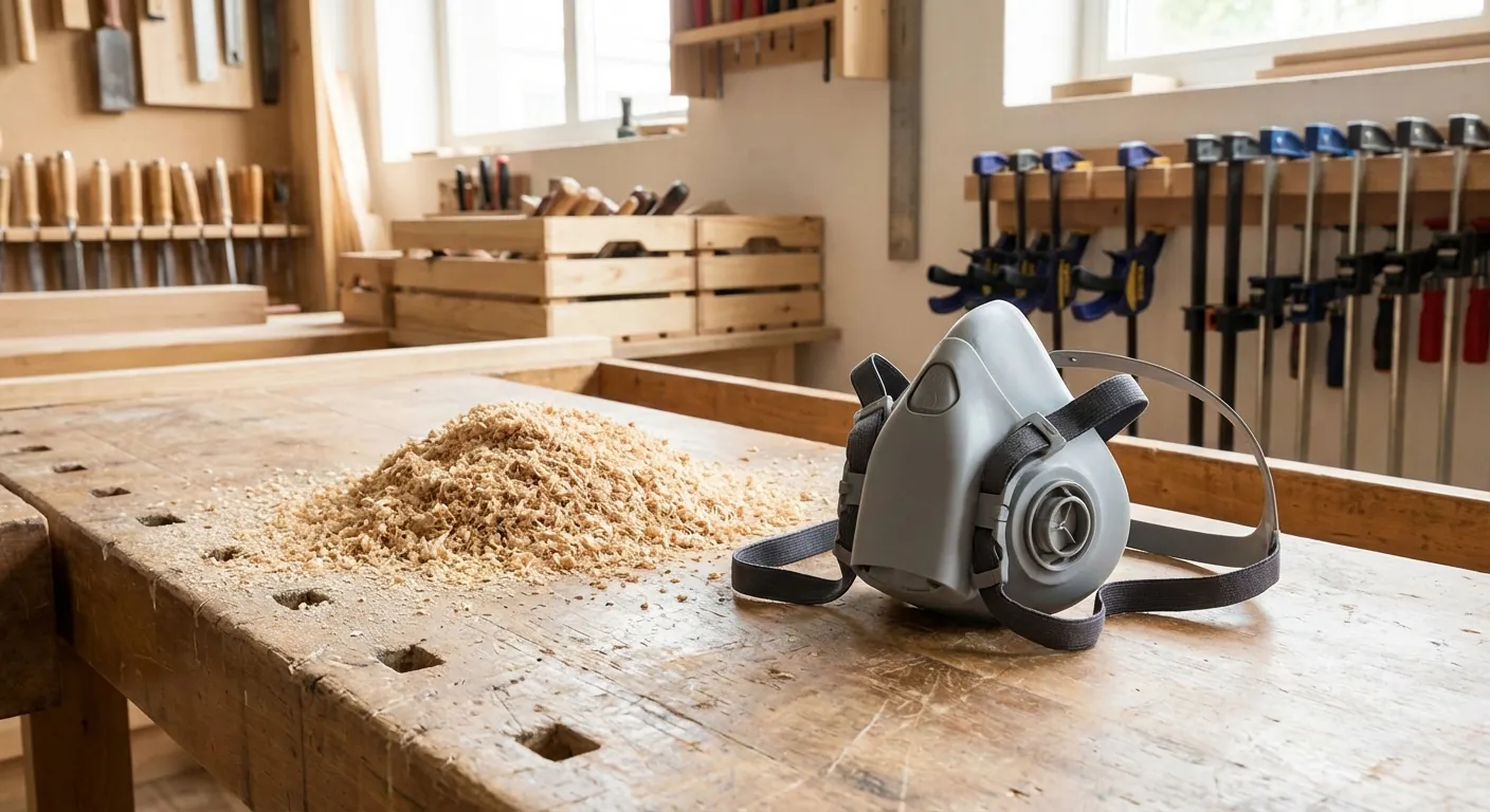 A close-up of fine sawdust on a workbench with a respirator nearby to emphasize safety.