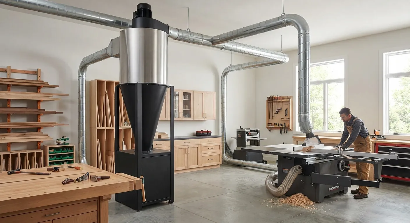A large cyclone dust collector installed in a professional workshop with metal ducting.