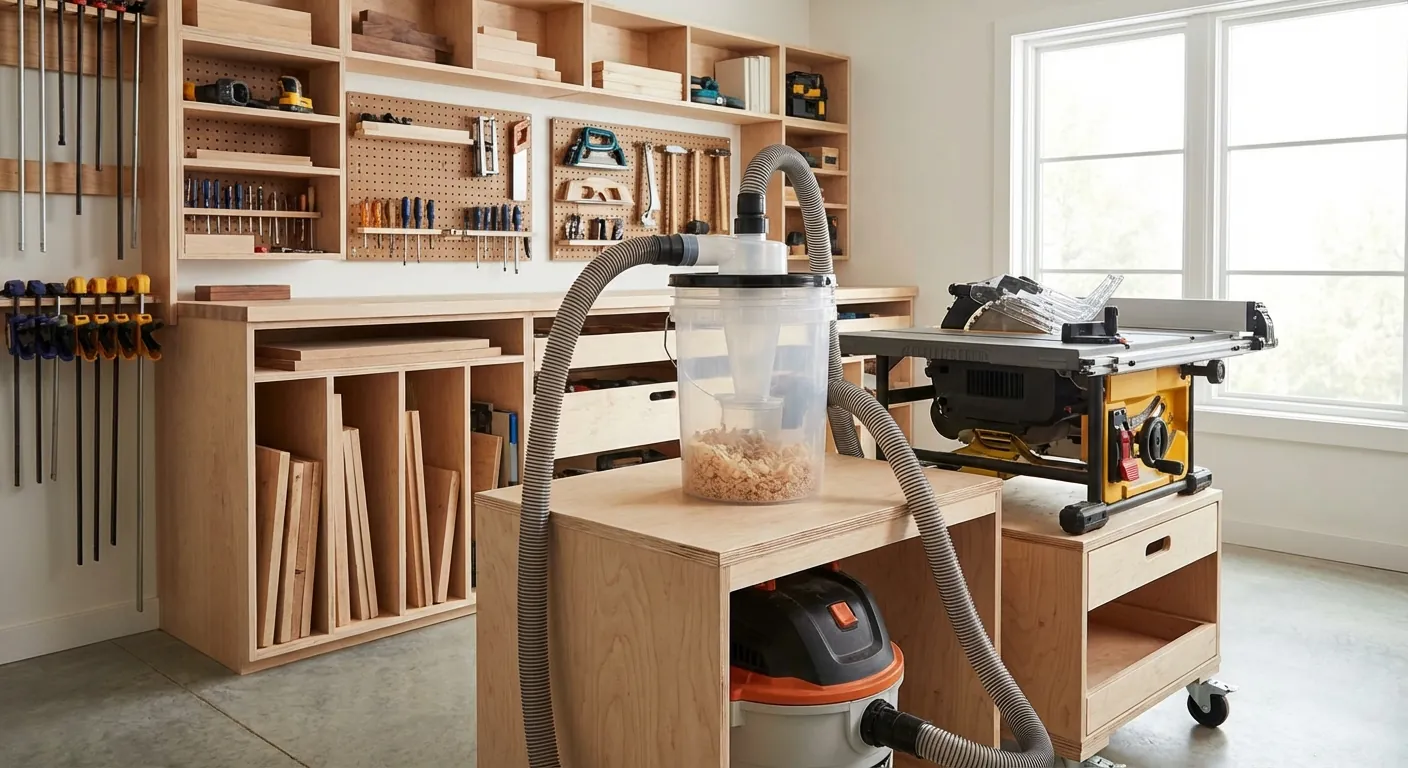 A DIY dust separator setup using a plastic bucket and a cyclone attachment.