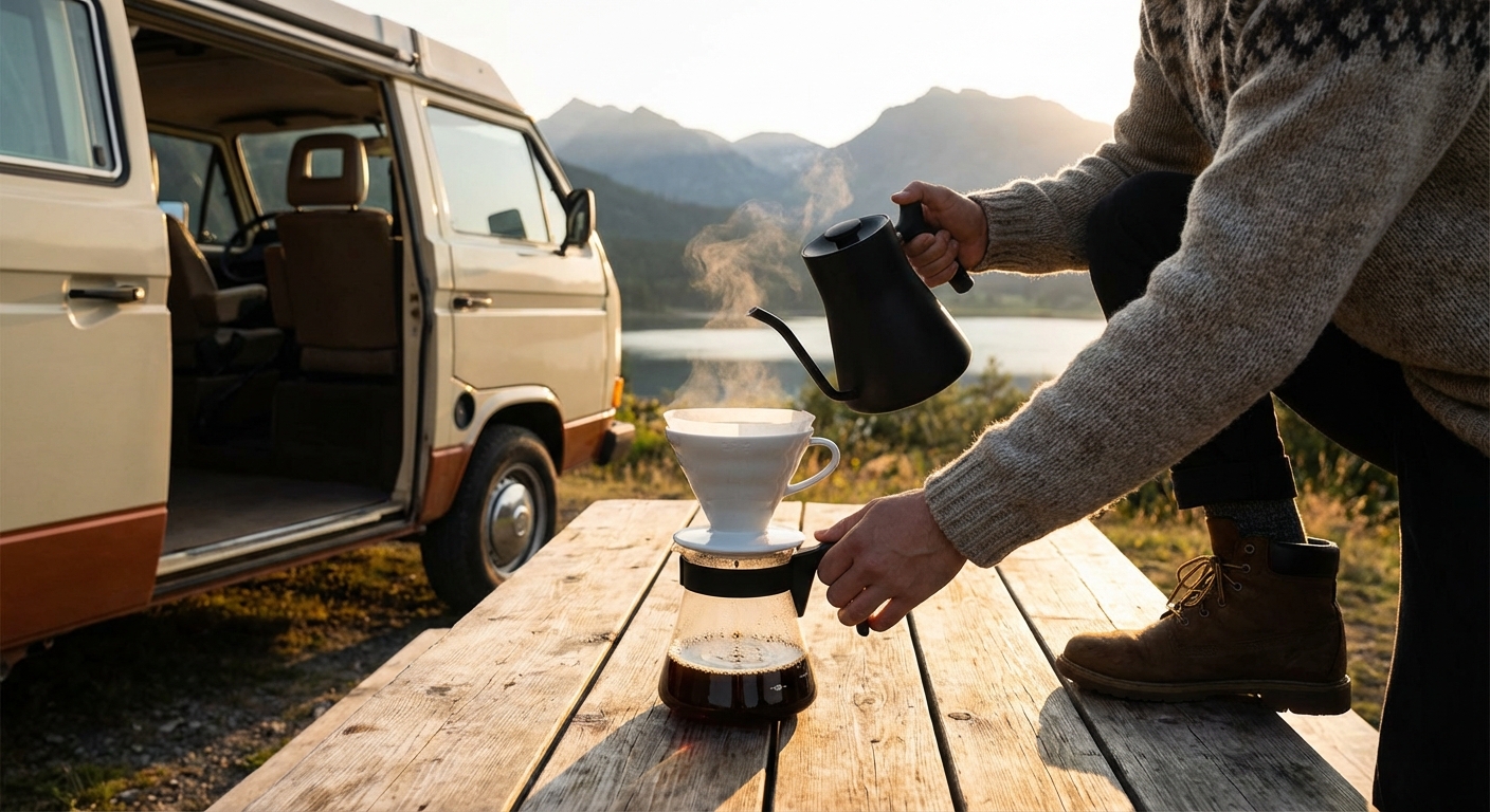 A person brewing coffee outside a camper van during sunrise