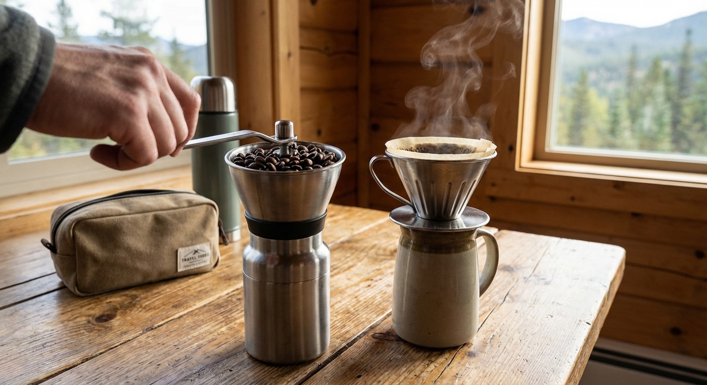 Close up of a high-quality hand grinder and a metal dripper on a wooden table