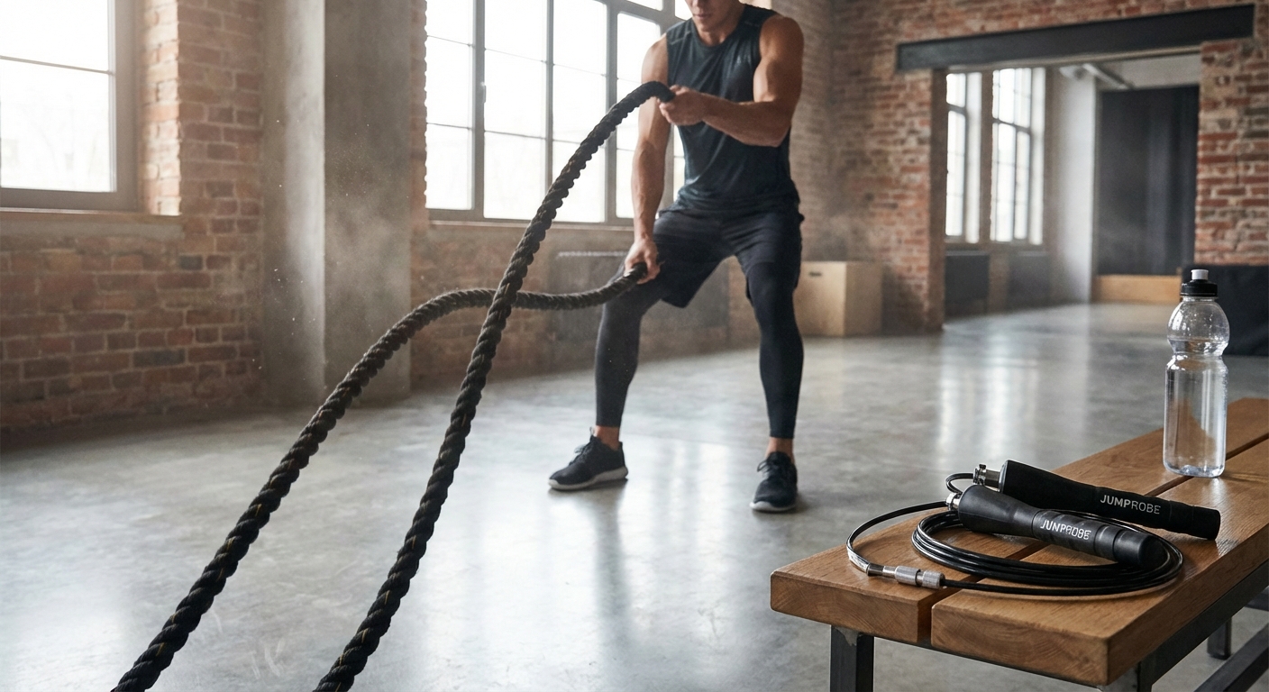 An athlete performing battle rope slams to build explosive upper body power for combat sports.
