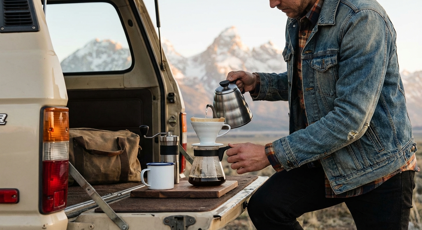 A person brewing coffee on a tailgate with mountains in the background