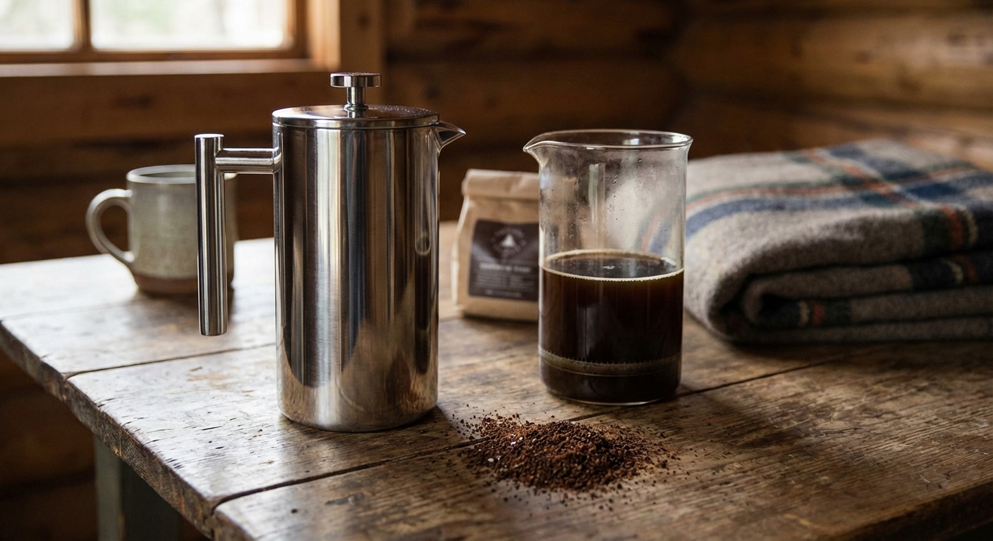 Close up of a stainless steel French Press on a rustic wooden table