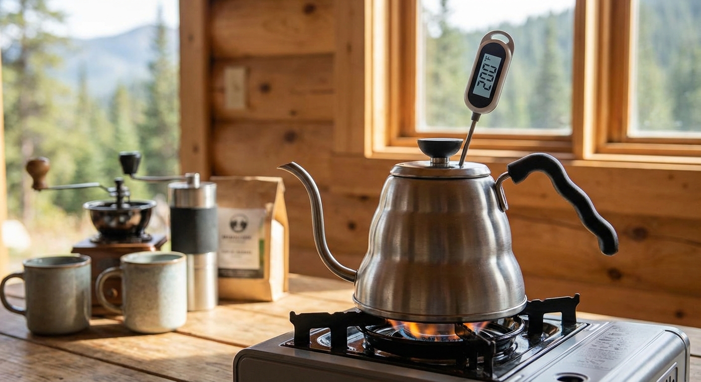 A digital thermometer showing 200 degrees Fahrenheit inside a kettle