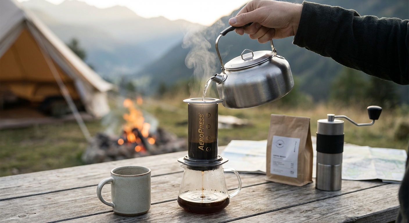 A hand pouring hot water from a camping kettle into an AeroPress