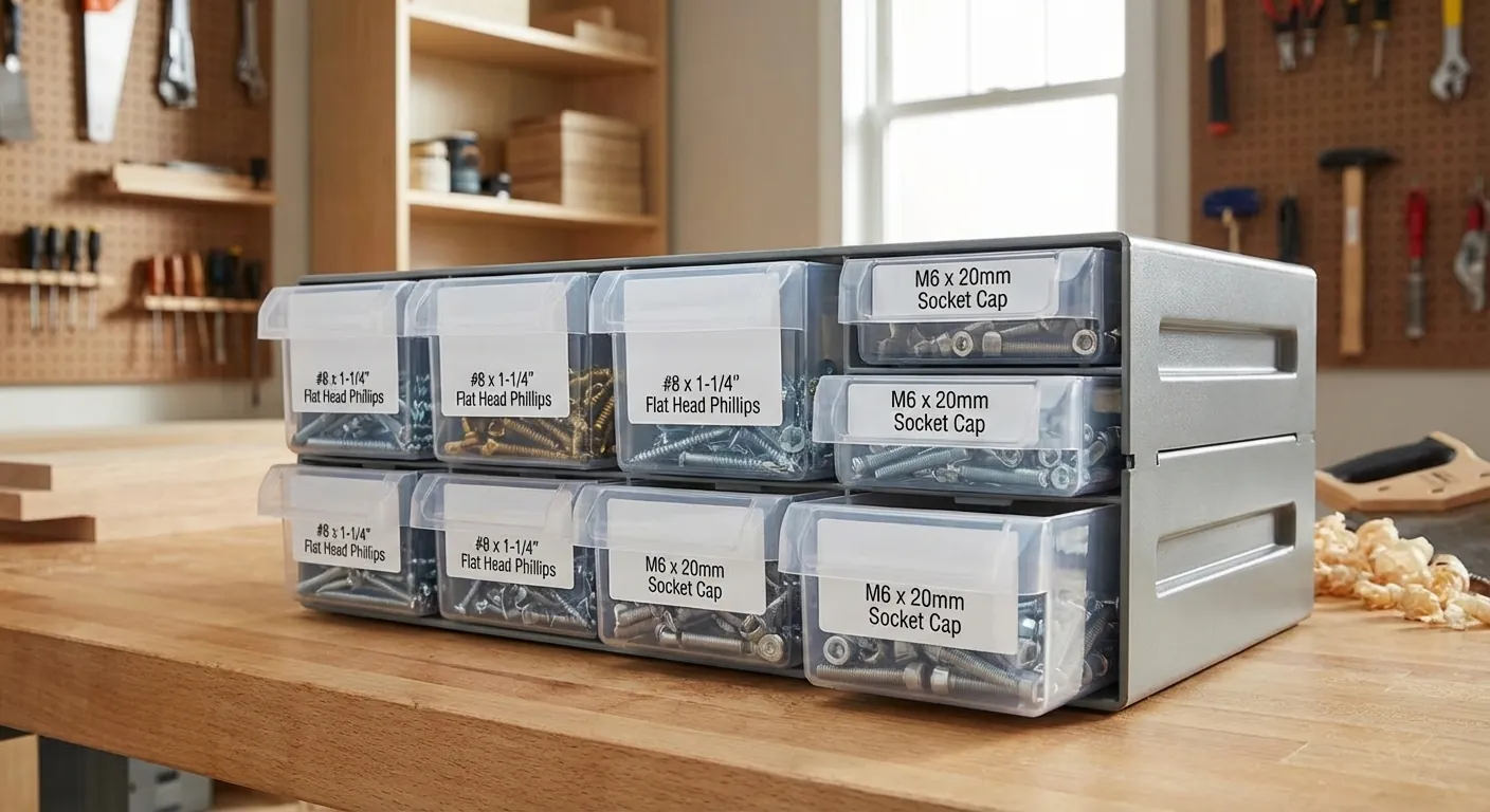 A close-up of organized small parts bins with detailed printed labels showing screw sizes and types