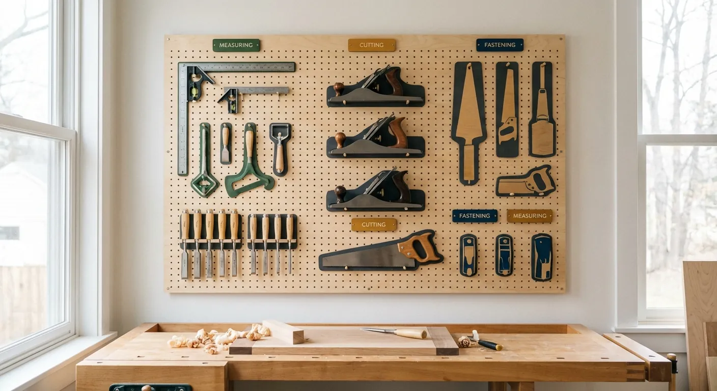 A tool wall using color-coded labels and shadow boards to identify tool locations