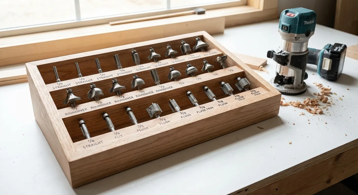 A close-up of organized router bits in a wooden tray showing clear spacing and labeled sizes.