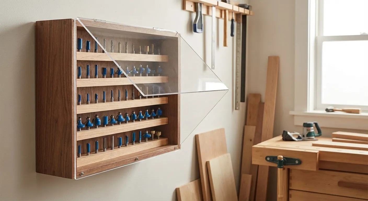 A wall-mounted router bit rack with a clear plastic cover to prevent dust accumulation.