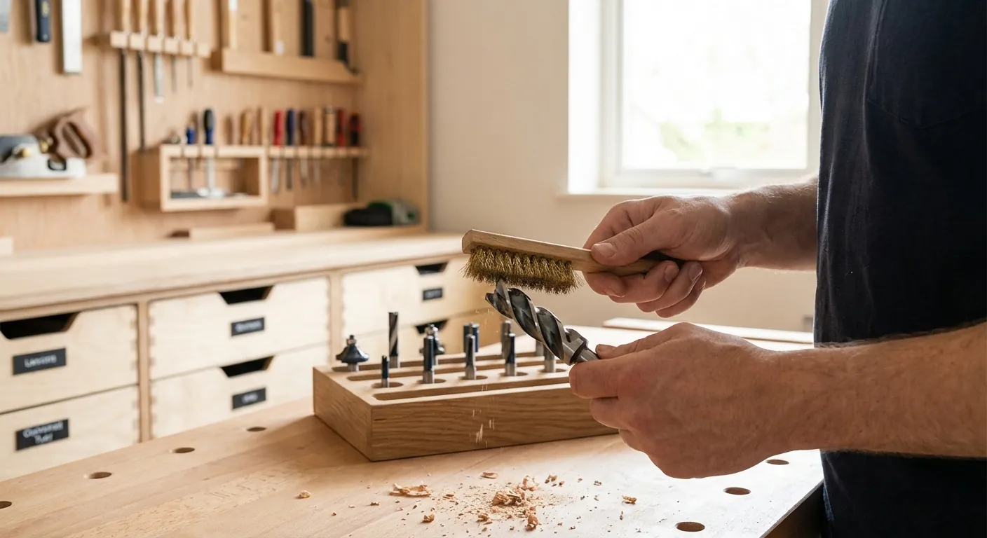 A woodworker cleaning a router bit with a brass brush before placing it back into storage.