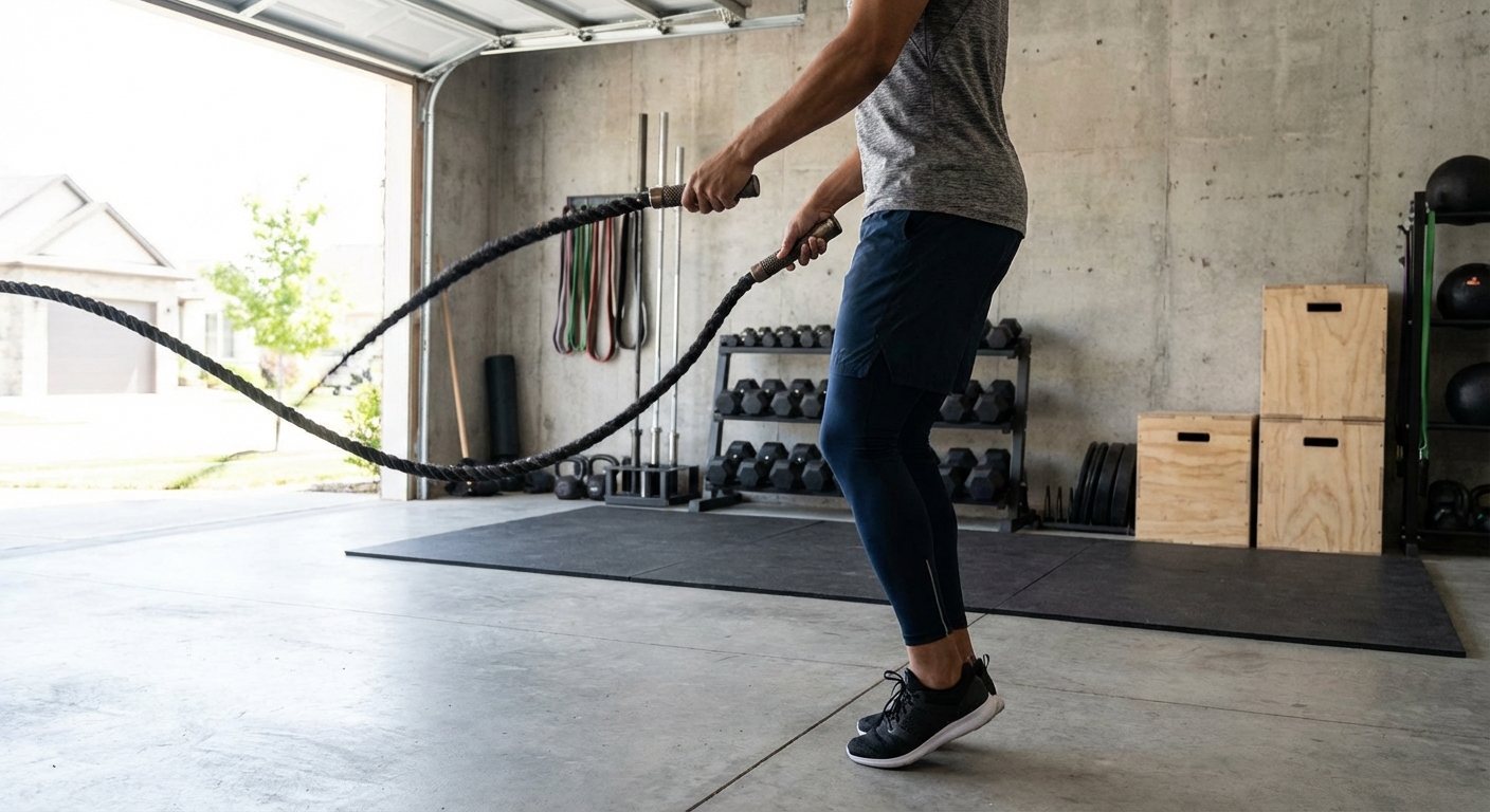 A person working out with a thick heavy jump rope in a garage gym setting