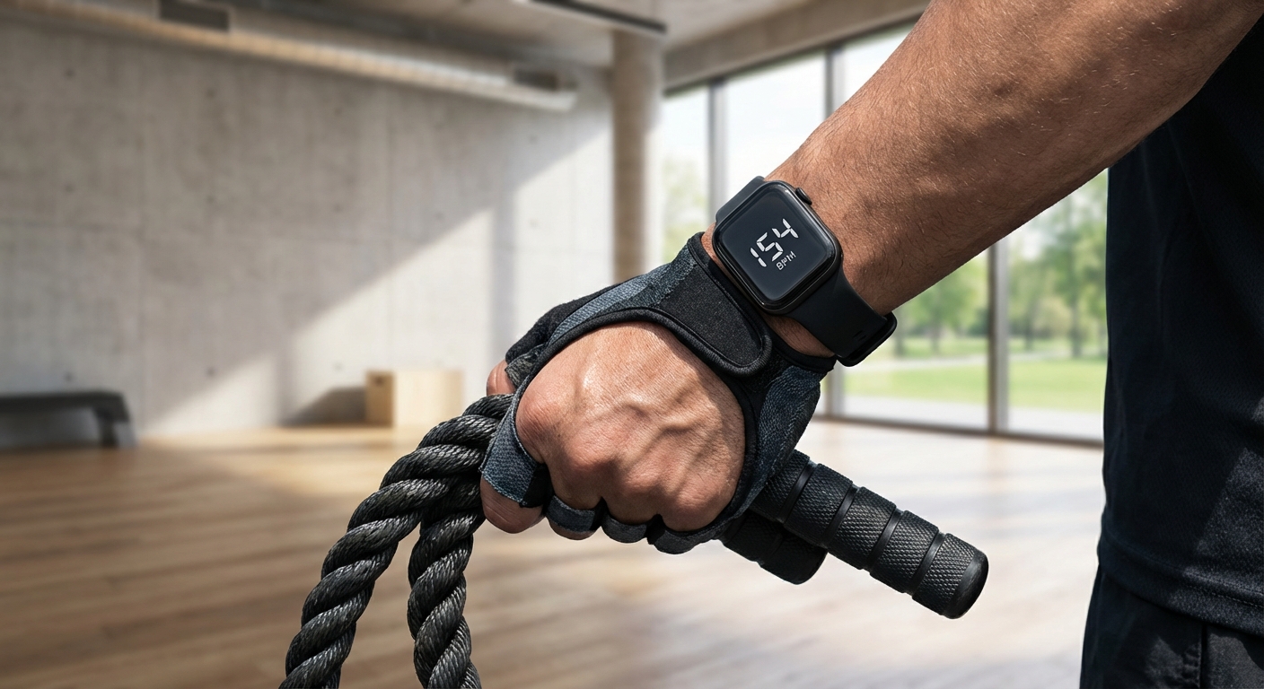 Close up of an athlete's heart rate monitor while using a weighted jump rope
