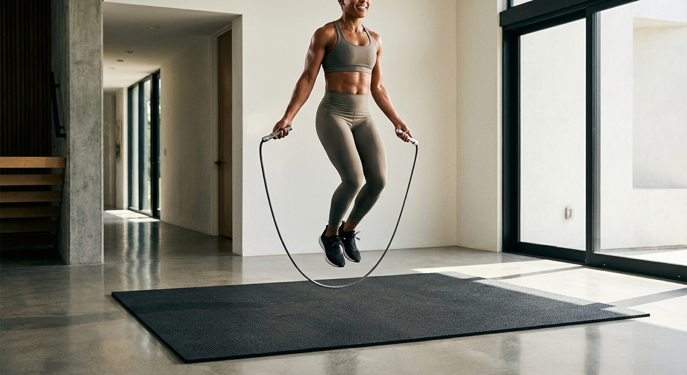A person jumping rope on a high-quality rubber fitness mat