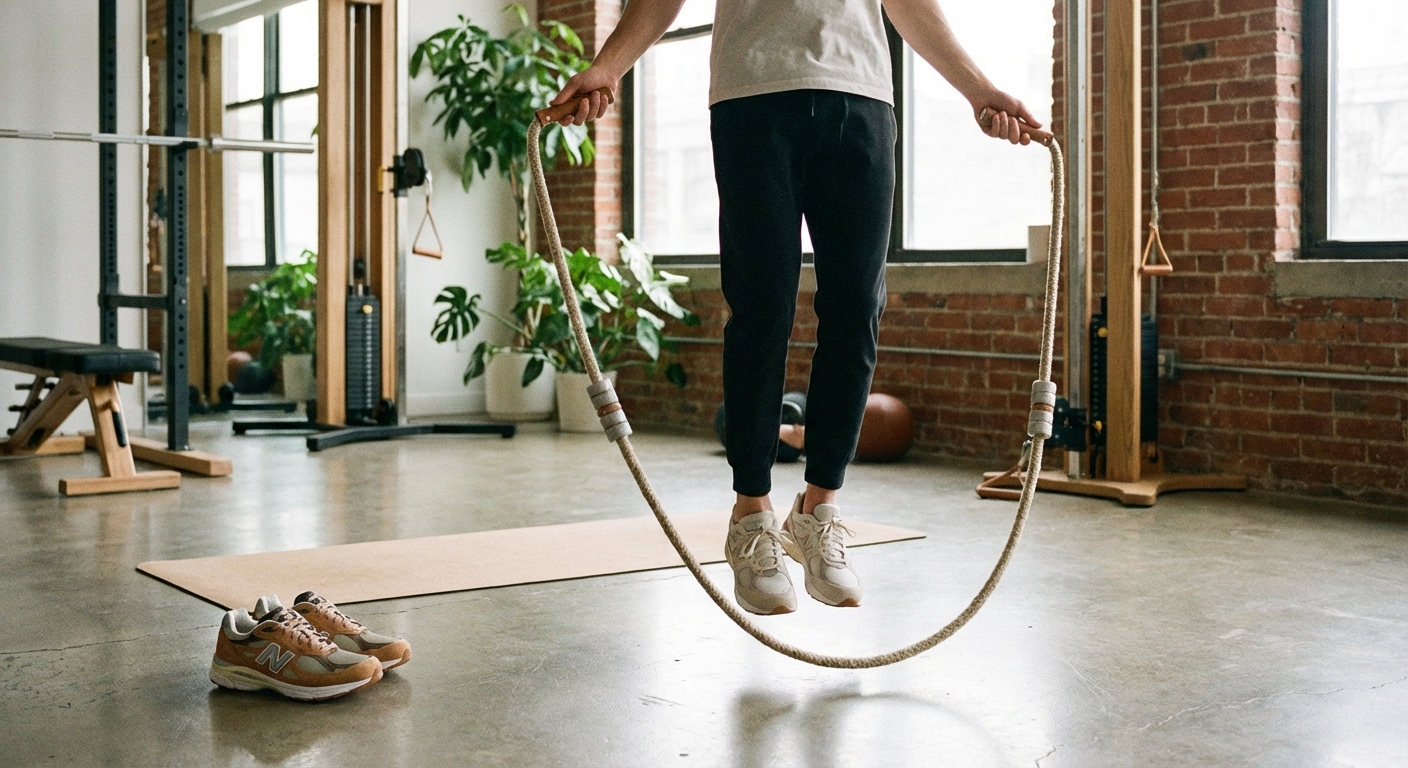 A person jumping rope in a home gym next to a pair of running shoes