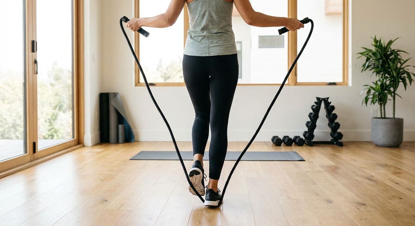 A person measuring a jump rope by stepping on the center and pulling the handles toward their armpits