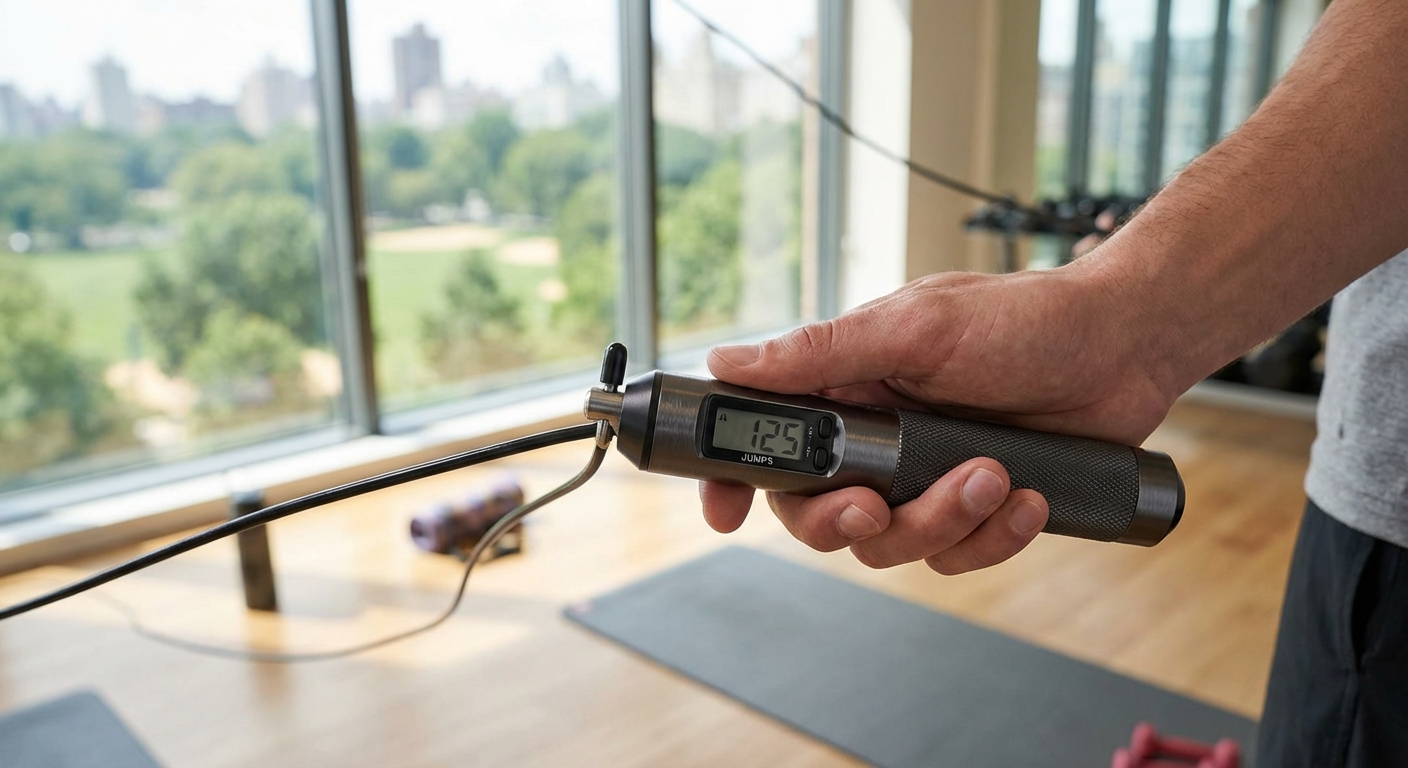 Close-up of a high-quality jump rope handle with a digital counter and adjustable wire