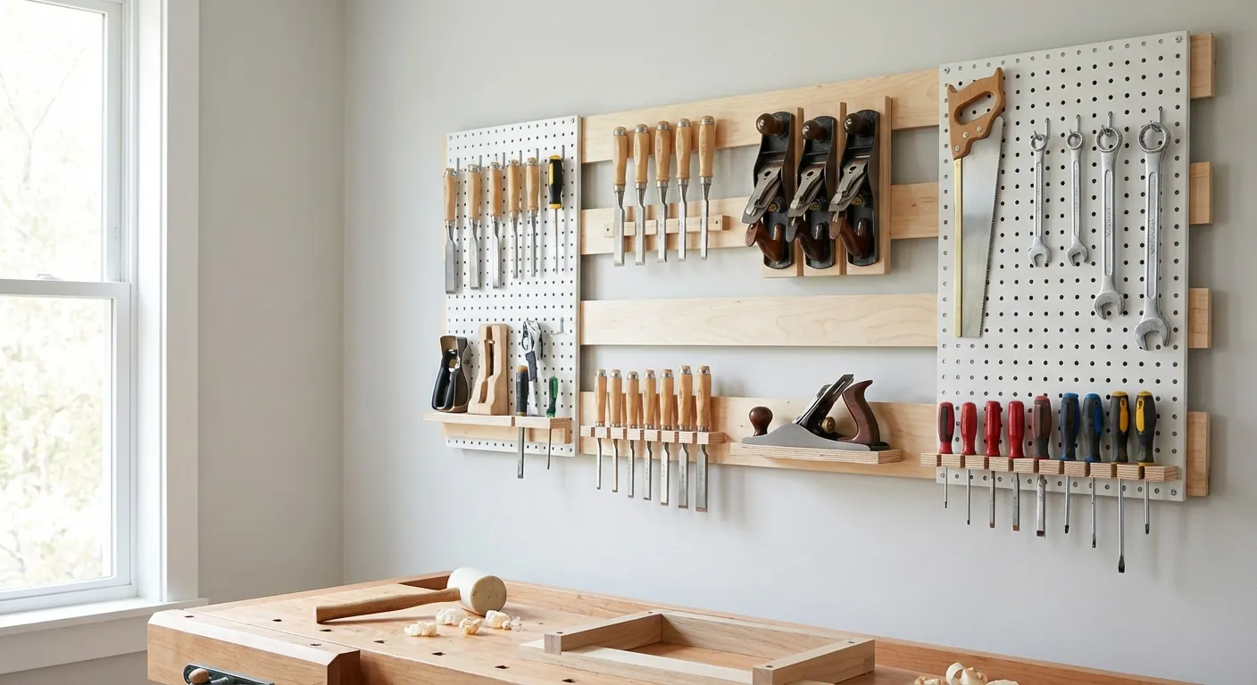 A clean workshop wall featuring a mix of pegboard and French cleat systems with hand tools neatly arranged.