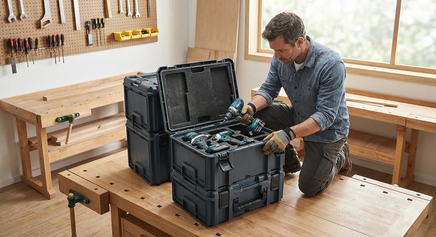 A stack of modular tool boxes with a technician organizing power tools into custom foam inserts.