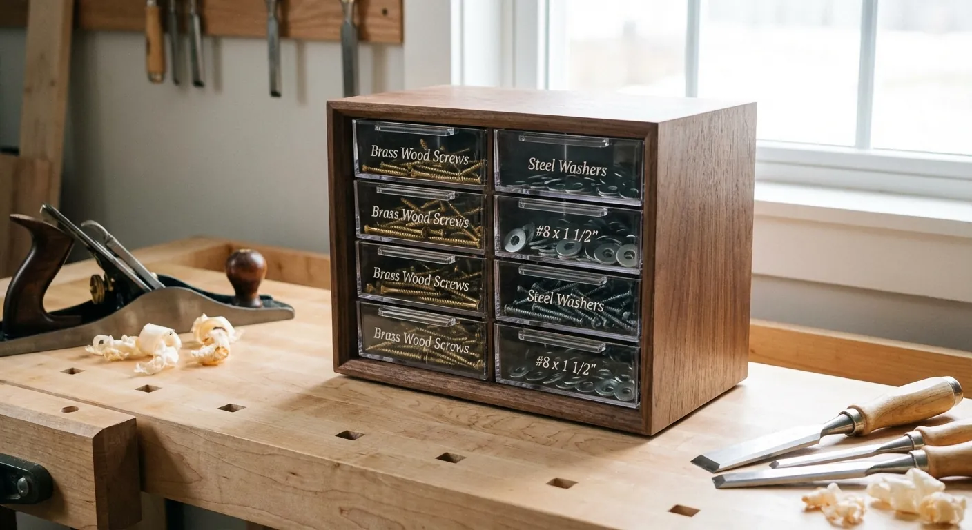 Close-up of a well-labeled small parts organizer with various sizes of wood screws and washers.