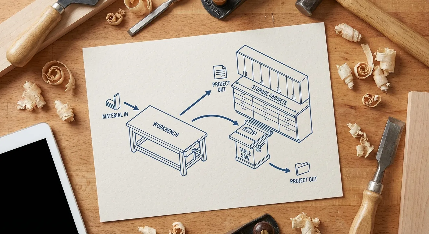 An overhead diagram of a workshop layout showing the flow of movement between the workbench, saw, and storage cabinets.