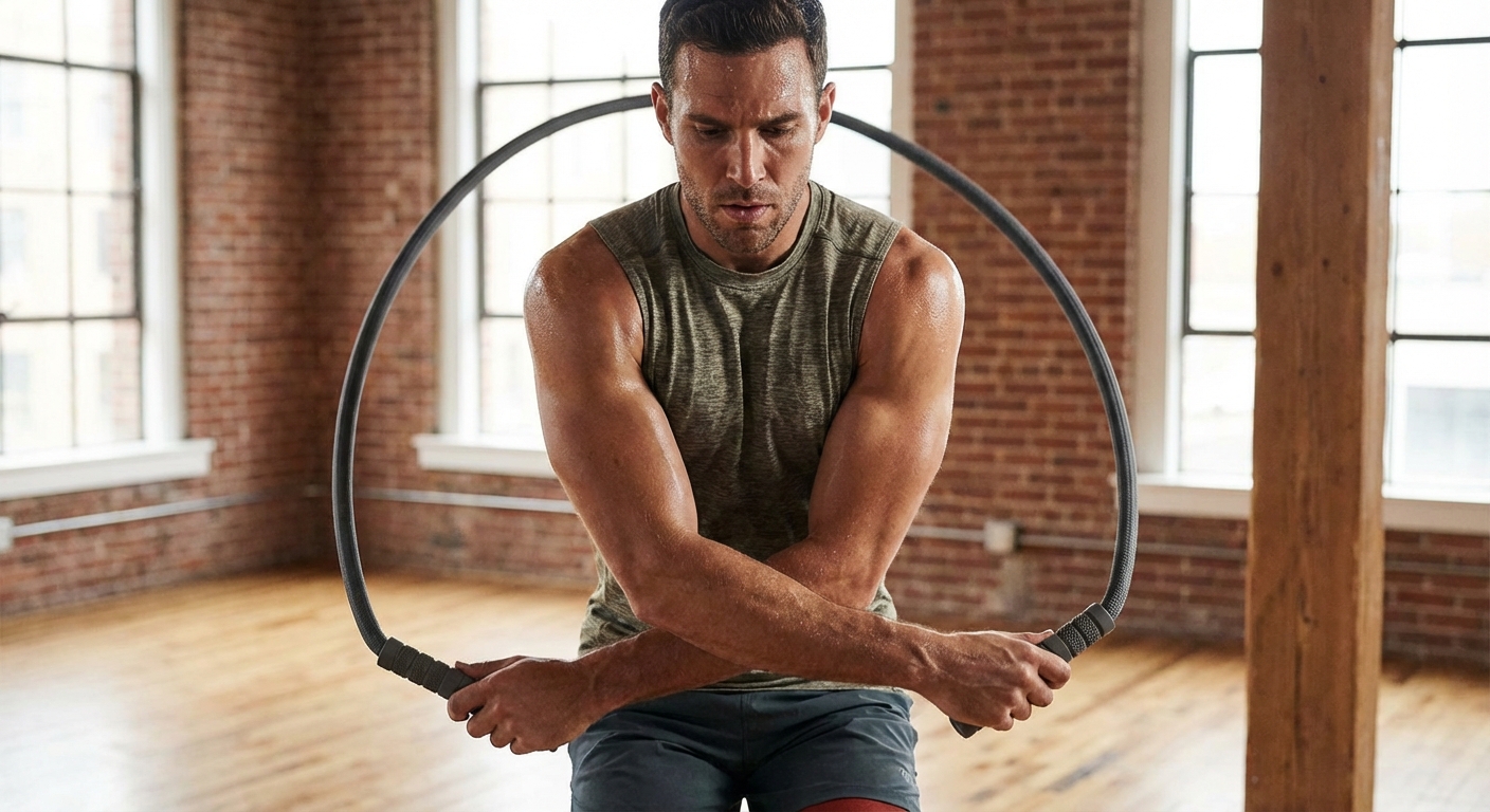 A person mid-jump with a thick weighted rope, sweat glistening, showing intense focus and muscle definition in the forearms and shoulders.