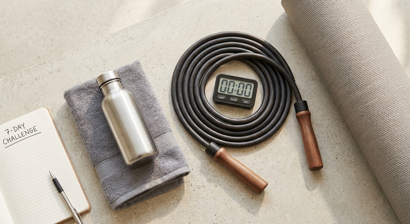 A flat-lay of workout gear including a heavy jump rope, a timer, a water bottle, and a towel, representing the preparation for the 7-day challenge.