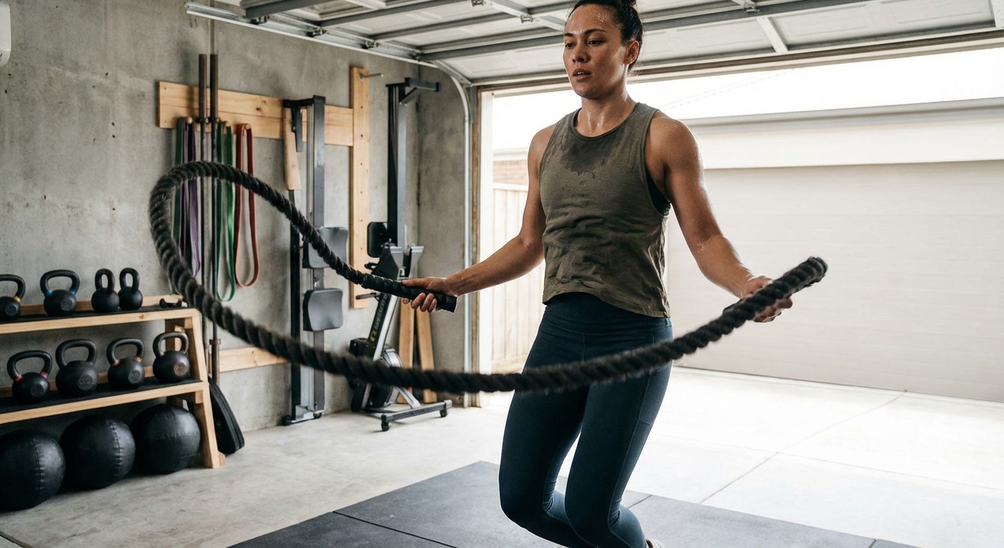 A person sweating while using a thick weighted jump rope in a garage gym setting