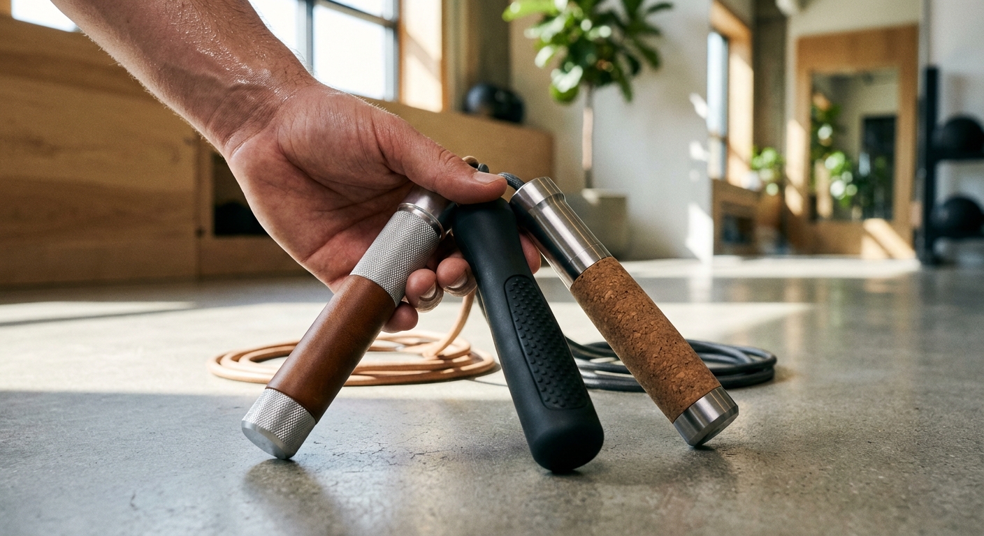 A close-up of different weighted jump rope handles showing textures and materials