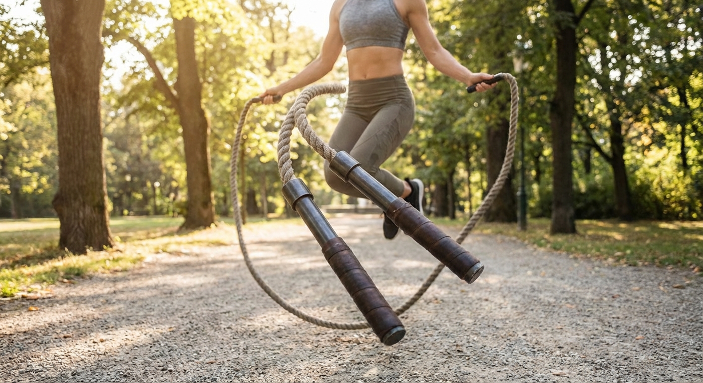 A person performing a high-intensity jump rope interval in a park