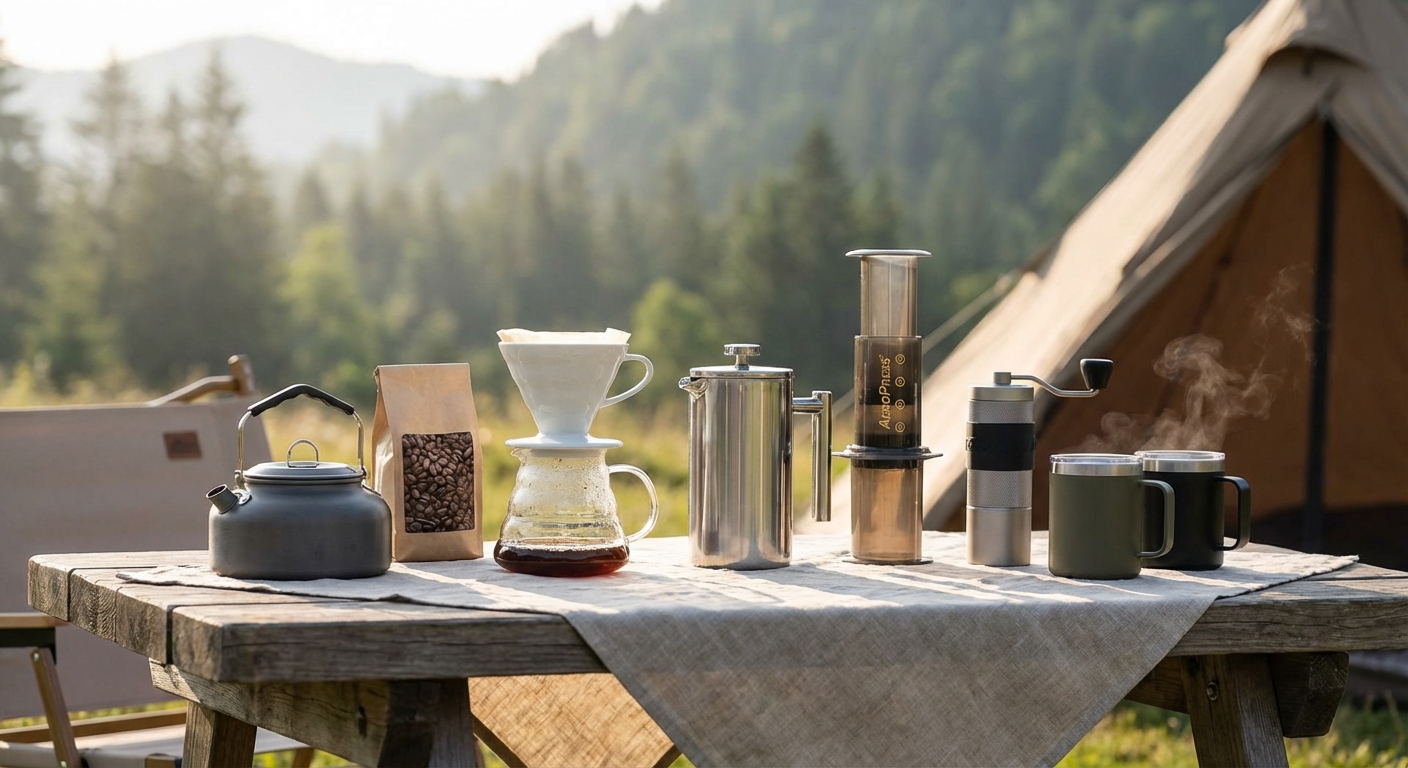 comparison of products on a wooden camp table