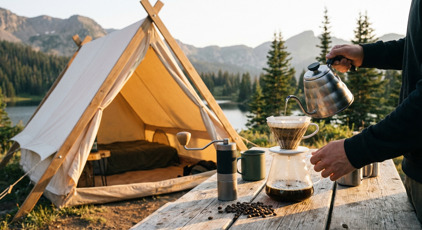 brewing coffee next to a tent