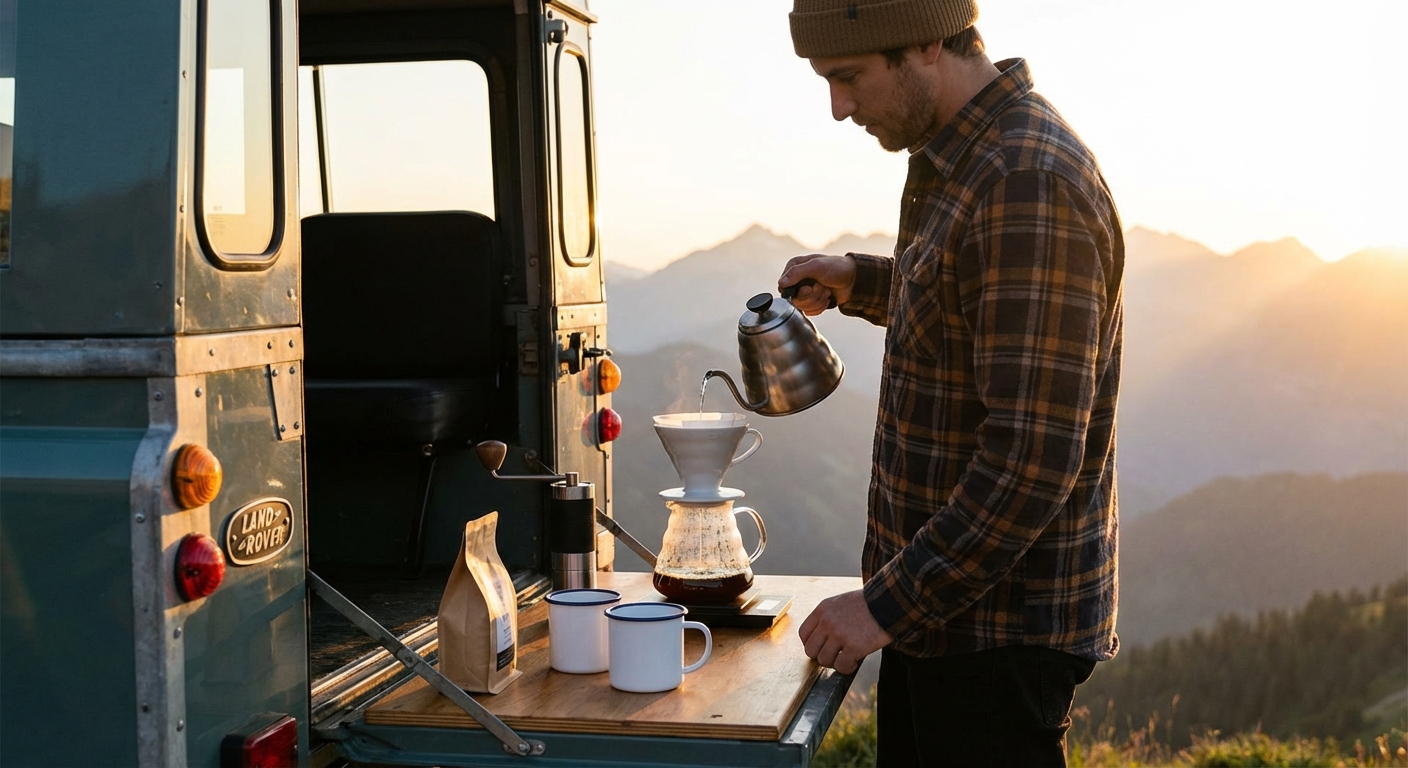 A person brewing coffee on a tailgate overlooking a mountain range at sunrise