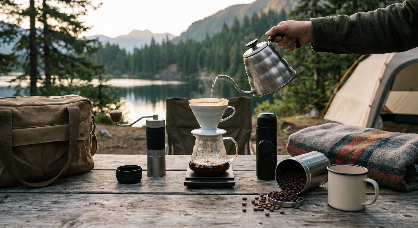 A organized layout of manual coffee gear on a wooden camp table