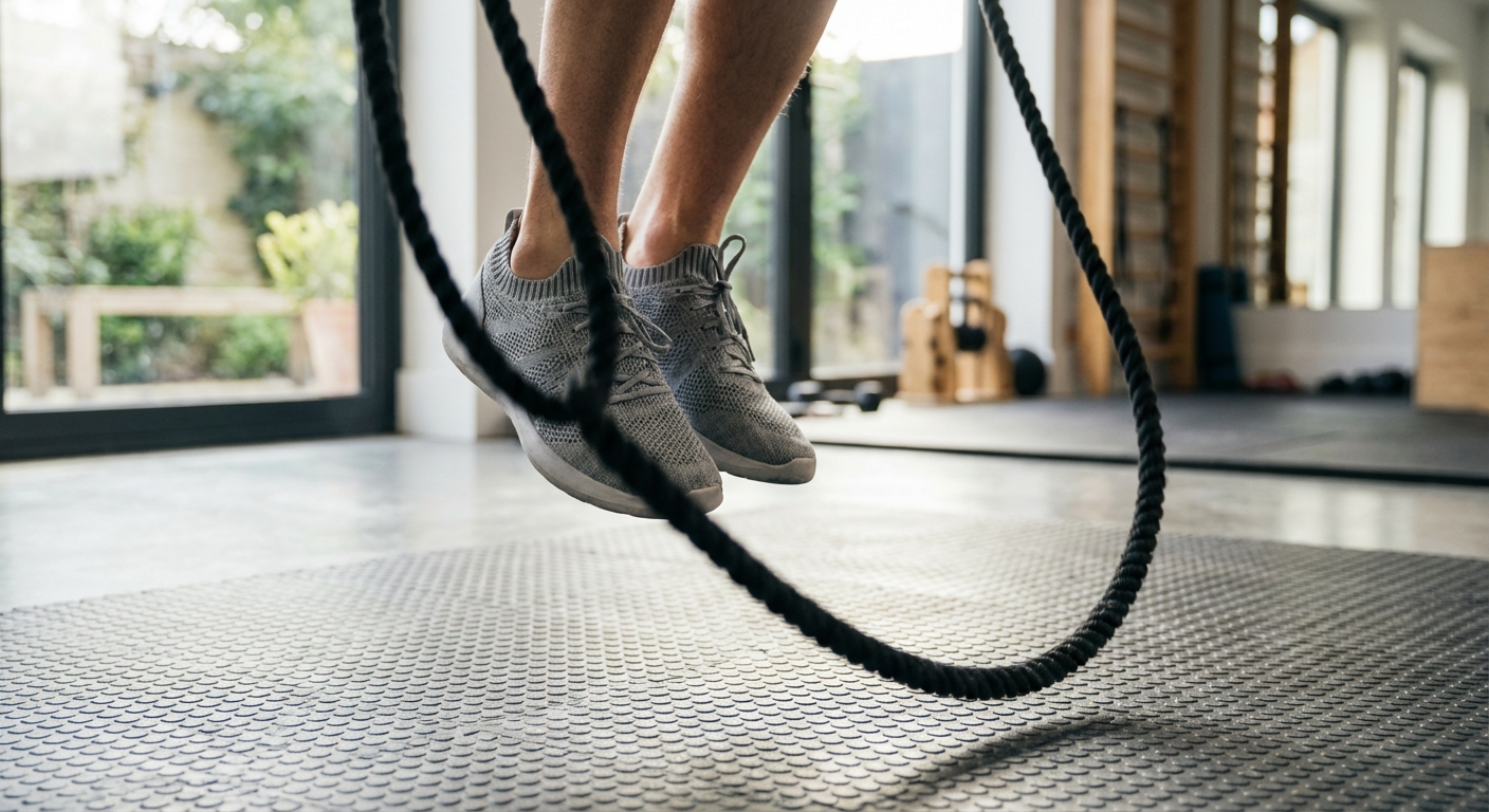 Close-up of a person's feet in athletic shoes performing boxer skips with a black jump rope.